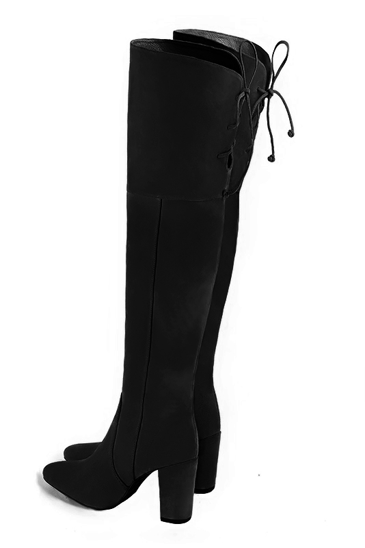 Matt black women's leather thigh-high boots. Round toe. High block heels. Made to measure. Rear view - Florence KOOIJMAN